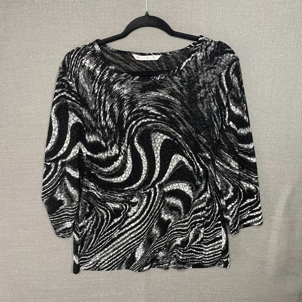 Peter Nygard Sz XL Abstract Geo Print Tunic Shirt Stretch Black White Swirl EUC
